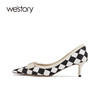 westory早春新款棋盘格单鞋尖头高跟女鞋拼色浅口单鞋女蝴蝶结insW22AE81691 商品缩略图3