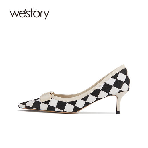westory早春新款棋盘格单鞋尖头高跟女鞋拼色浅口单鞋女蝴蝶结insW22AE81691 商品图3