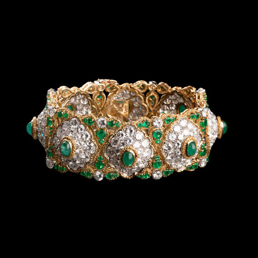 独角鹿西洋古董首饰珠宝法国18K黄金铂金镶钻石祖母绿宽手链手镯 商品图0