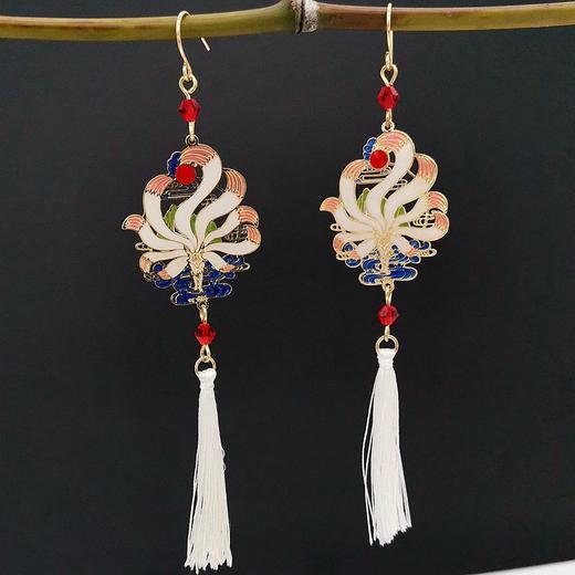 日韩新品 山海经神兽 九尾天狐 长款流苏耳环耳夹 商品图3