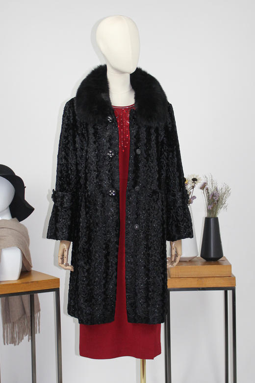 FOCALS福柯斯女装新款狐狸毛领中长款单排扣大衣外套FYN8K576 商品图5