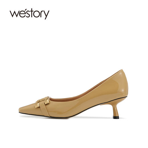 westory新品漆皮高跟鞋小方头金属扣单鞋细跟浅口通勤职场女鞋S22AE54291 商品图1