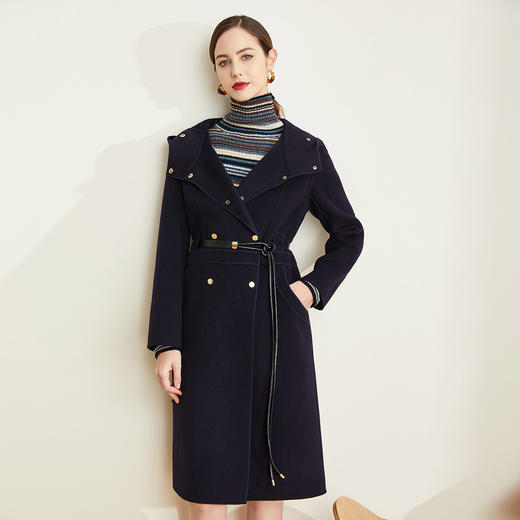 ND93Q斯尔丽瑟俪[专柜同款]2021冬新款连帽双排扣四合扣减领细腰带大衣 商品图0