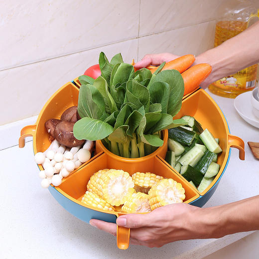 【多功能旋转沥水篮，旋转火锅篮】果肉盘分离 一格一物不串味，家用厨房火锅拼盘多格水果盘洗蔬菜篮 商品图2
