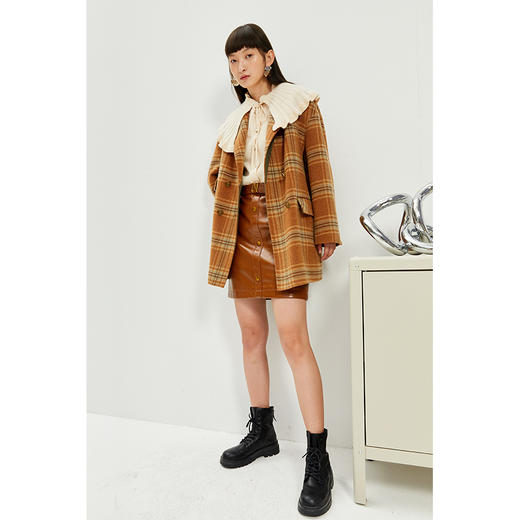 NEELLY纳俪商场同款秋冬格纹双排扣大衣女羊毛外套保暖英伦风通勤 商品图4