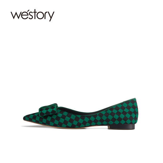 westory新款单鞋黑白棋盘格浅口女鞋蝴蝶结平底鞋小众尖头ins潮W22AE81701 商品图1