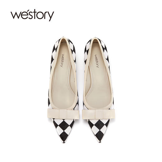 westory早春新款棋盘格单鞋尖头高跟女鞋拼色浅口单鞋女蝴蝶结insW22AE81691 商品图1