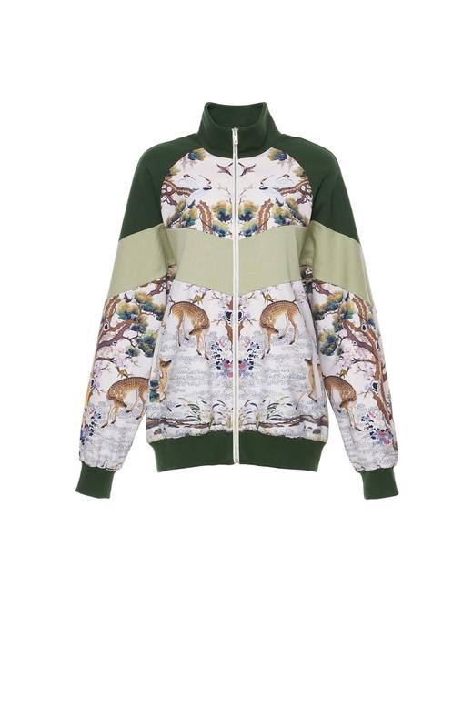 广绣鹤鹿同春图绿色拼接棒球衣 商品图1