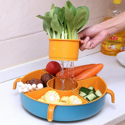 【多功能旋转沥水篮，旋转火锅篮】果肉盘分离 一格一物不串味，家用厨房火锅拼盘多格水果盘洗蔬菜篮 商品图1