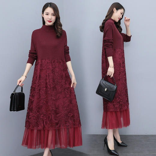 HR  WX28589春新款针织连衣裙蕾丝显瘦网纱减龄配大衣 商品图2