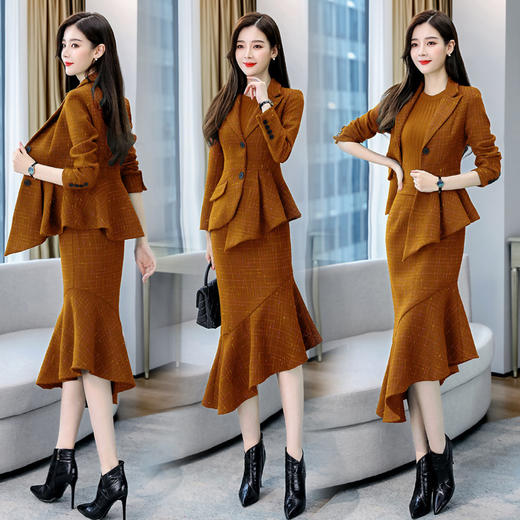 WZNH- CZJ7985 2021冬装新款小香风毛呢西装毛呢鱼尾裙套装两件套 商品图3