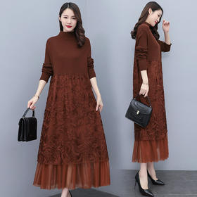 HR  WX28589春新款针织连衣裙蕾丝显瘦网纱减龄配大衣