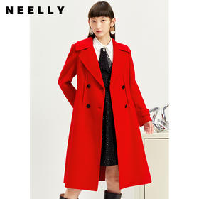 NEELLY纳俪商场同款气质翻领双排扣大衣收腰大气中长款毛呢外套N21121N01238
