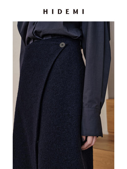 HIDEMI 藏蓝色羊毛不对称一粒扣A型半身裙 商品图0