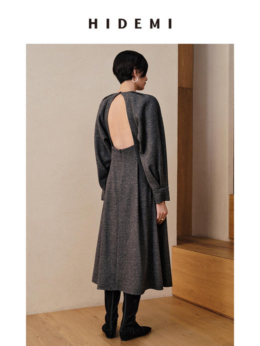 HIDEMI 灰色羊毛廓形设计感露背轻礼服连衣长裙 商品图4