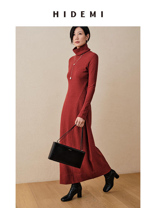 HIDEMI 枫叶棕红色羊毛显瘦茧型设计感轻礼服连衣裙 商品图6