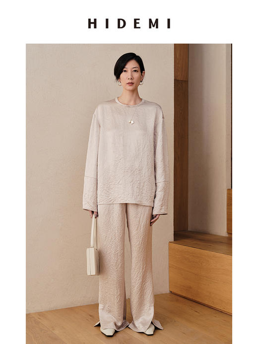 HIDEMI 醋酸褶皱浮雕套装 裸米色/棕红 商品图1