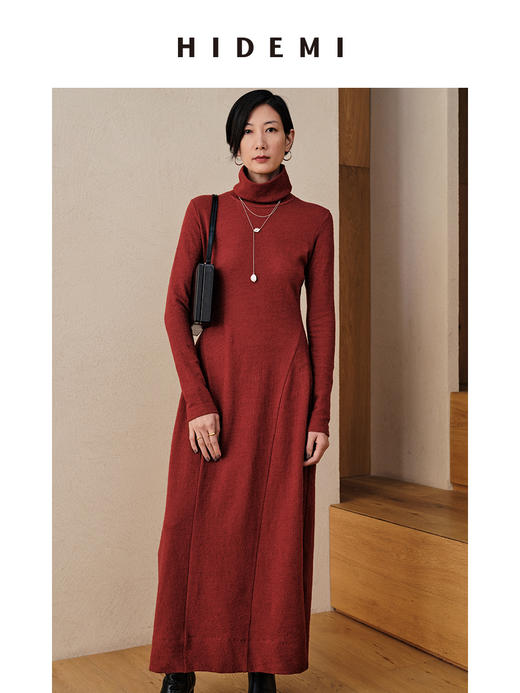 HIDEMI 枫叶棕红色羊毛显瘦茧型设计感轻礼服连衣裙 商品图3