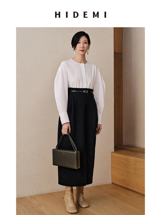 HIDEMI假两件衬衫拼接毛呢廓形轻礼服连衣裙 商品图5