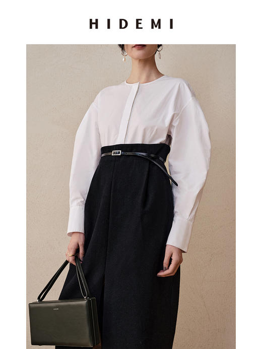 HIDEMI假两件衬衫拼接毛呢廓形轻礼服连衣裙 商品图7