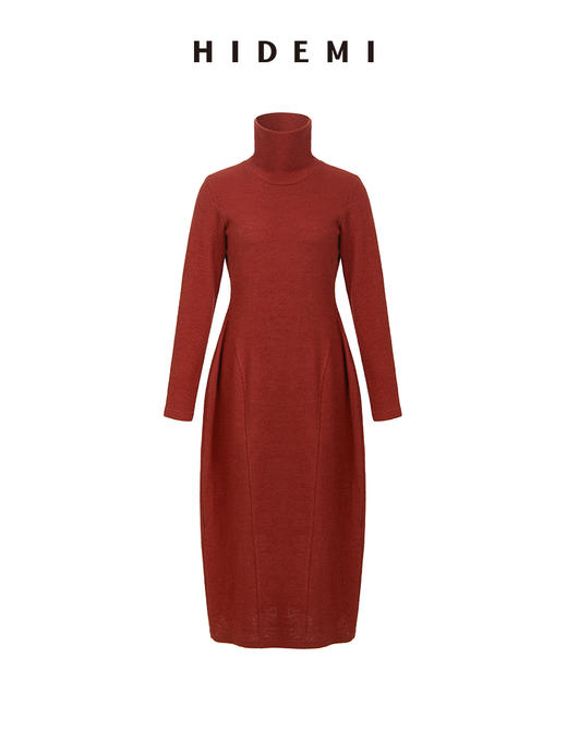 HIDEMI 枫叶棕红色羊毛显瘦茧型设计感轻礼服连衣裙 商品图7