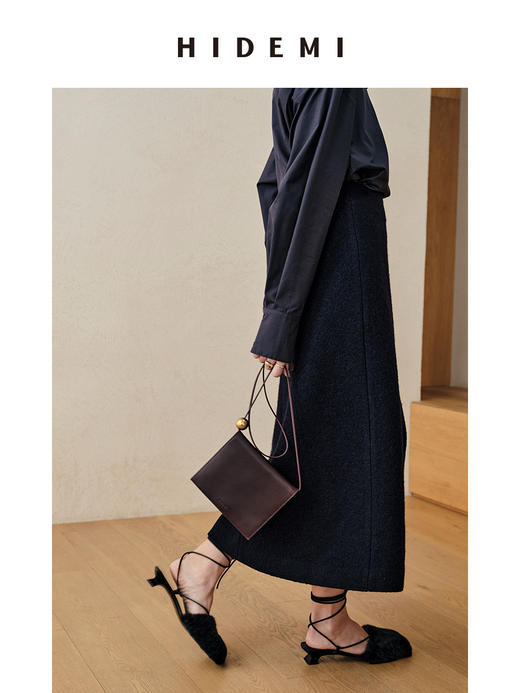 HIDEMI 藏蓝色羊毛不对称一粒扣A型半身裙 商品图6