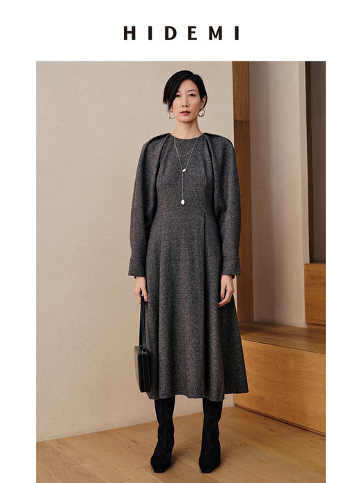 HIDEMI 灰色羊毛廓形设计感露背轻礼服连衣长裙 商品图1