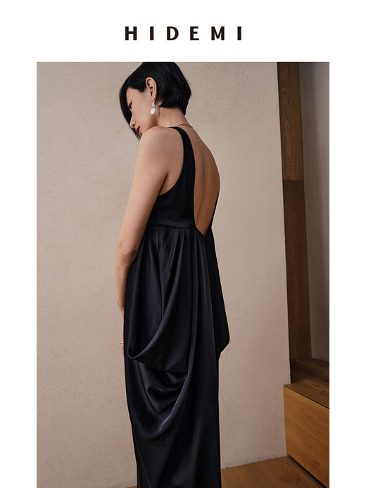 HIDEMI 黑色醋酸V领垂坠流线感轻礼服连衣长裙 商品图5