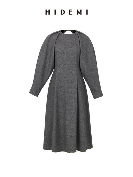 HIDEMI 灰色羊毛廓形设计感露背轻礼服连衣长裙 商品图6