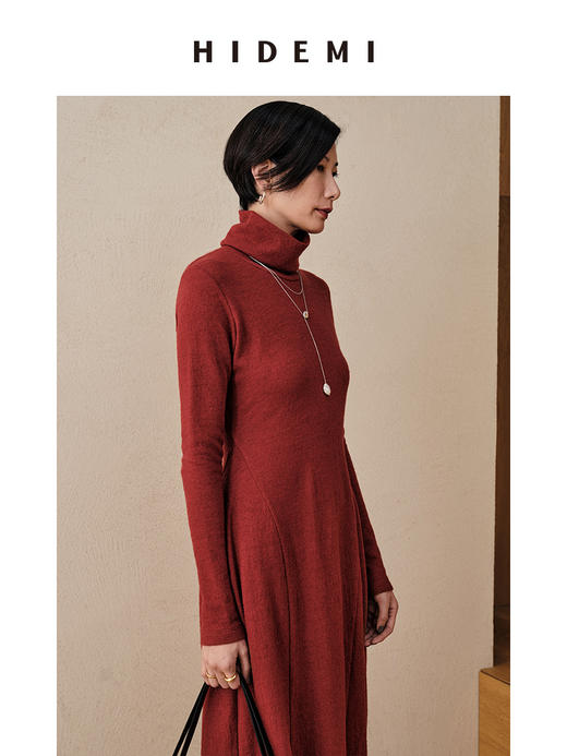 HIDEMI 枫叶棕红色羊毛显瘦茧型设计感轻礼服连衣裙 商品图2