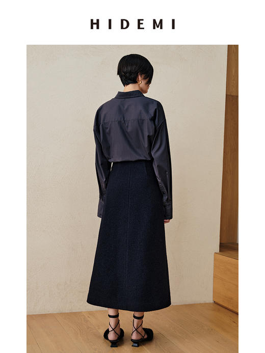 HIDEMI 藏蓝色羊毛不对称一粒扣A型半身裙 商品图5
