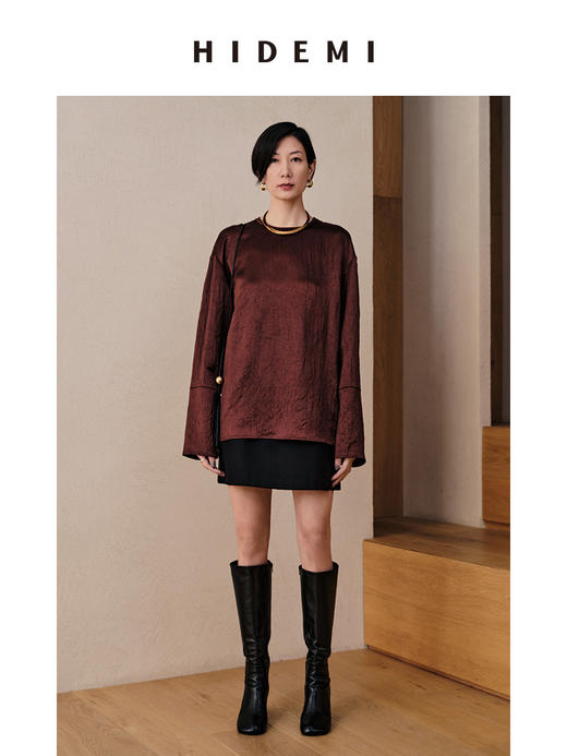 HIDEMI 醋酸褶皱浮雕套装 裸米色/棕红 商品图3