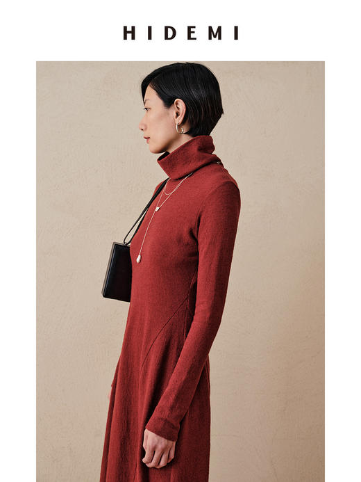 HIDEMI 枫叶棕红色羊毛显瘦茧型设计感轻礼服连衣裙 商品图4