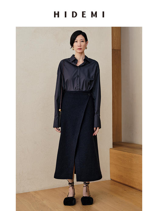 HIDEMI 藏蓝色羊毛不对称一粒扣A型半身裙 商品图2