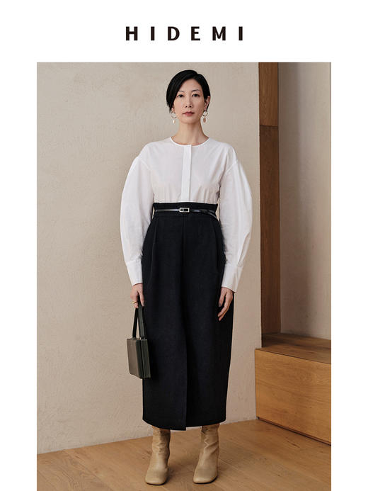 HIDEMI假两件衬衫拼接毛呢廓形轻礼服连衣裙 商品图0