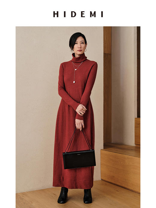 HIDEMI 枫叶棕红色羊毛显瘦茧型设计感轻礼服连衣裙 商品图0