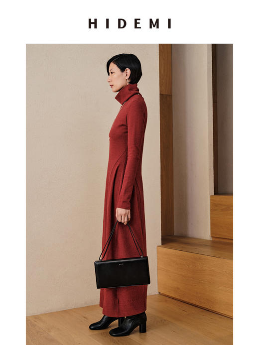 HIDEMI 枫叶棕红色羊毛显瘦茧型设计感轻礼服连衣裙 商品图1