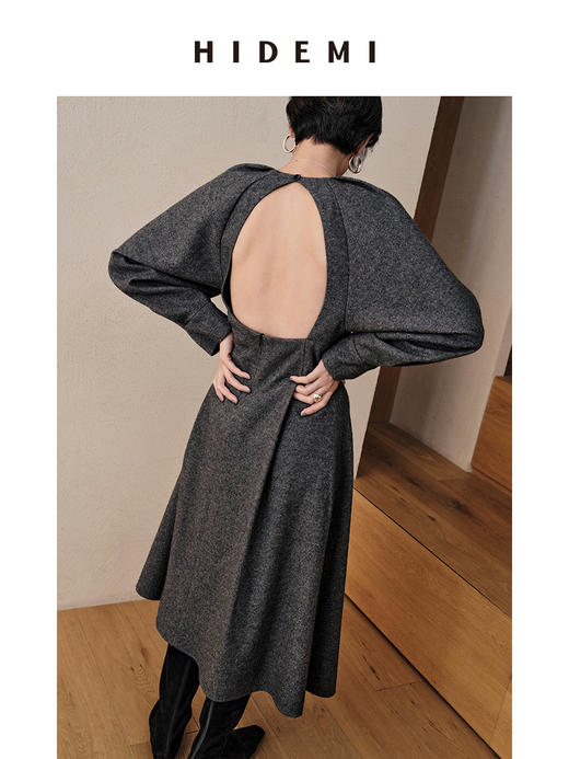 HIDEMI 灰色羊毛廓形设计感露背轻礼服连衣长裙 商品图5