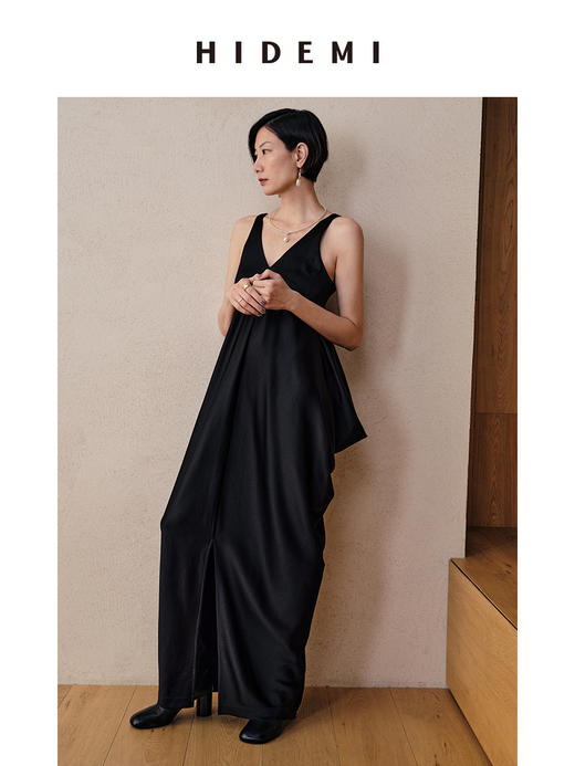 HIDEMI 黑色醋酸V领垂坠流线感轻礼服连衣长裙 商品图6