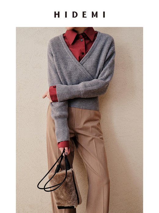 HIDEMI 美利奴羊毛V型叠领短款设计感毛衣 商品图6