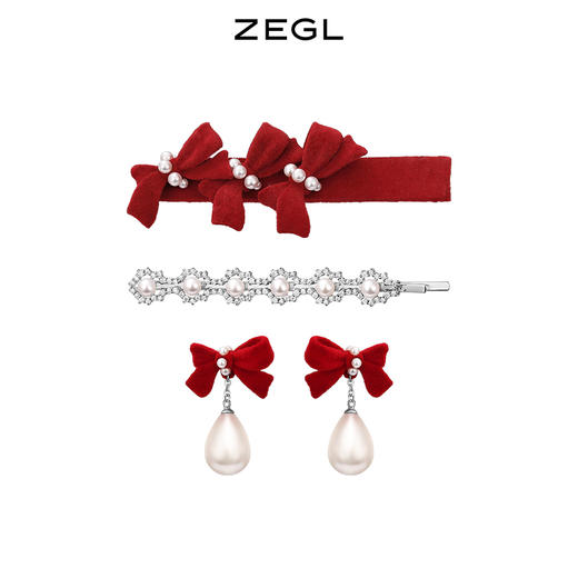 ZEGL设计师新年系列红色蝴蝶结发夹女发饰耳环925银针红丝绒耳饰 商品图0