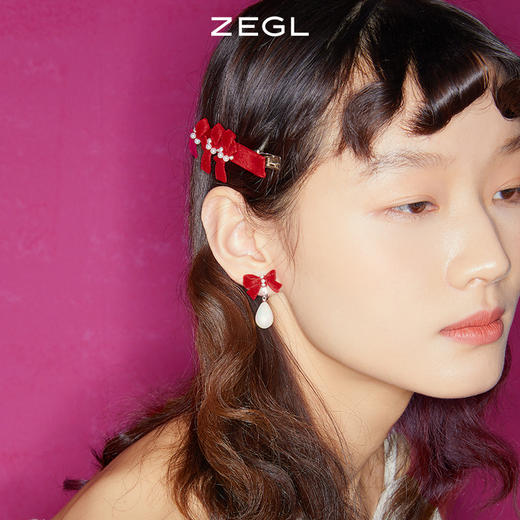 ZEGL设计师新年系列红色蝴蝶结发夹女发饰耳环925银针红丝绒耳饰 商品图3