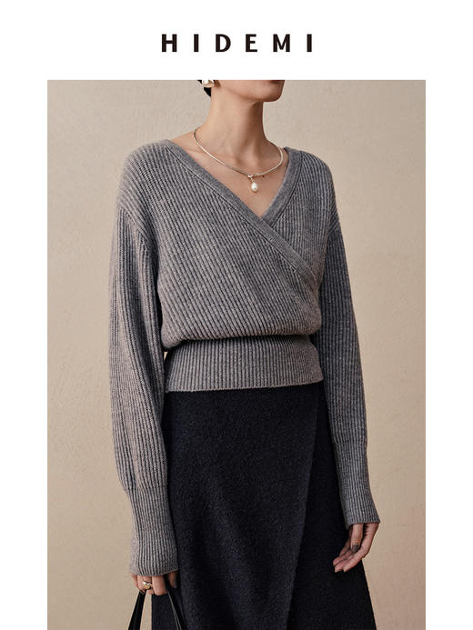HIDEMI 美利奴羊毛V型叠领短款设计感毛衣 商品图4