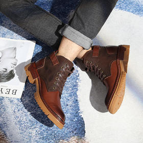 头层摔纹牛皮马丁靴男士秋冬新款复古风休闲男鞋系带高帮中筒男靴
