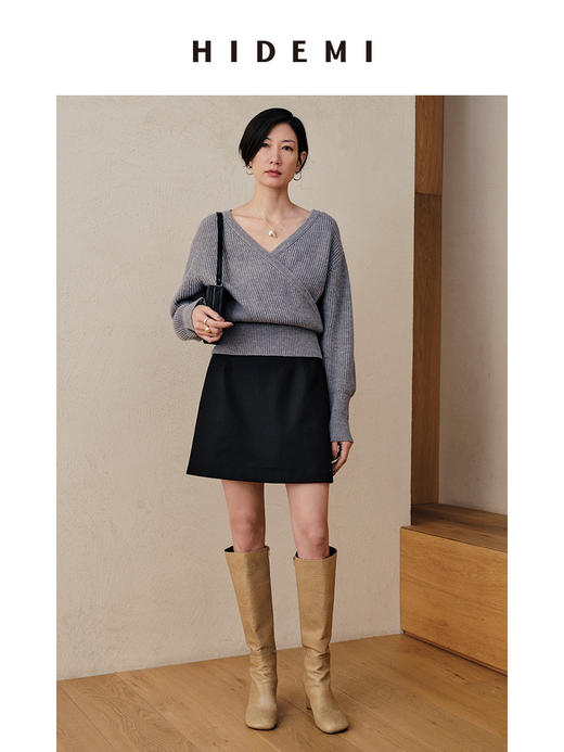 HIDEMI 美利奴羊毛V型叠领短款设计感毛衣 商品图9
