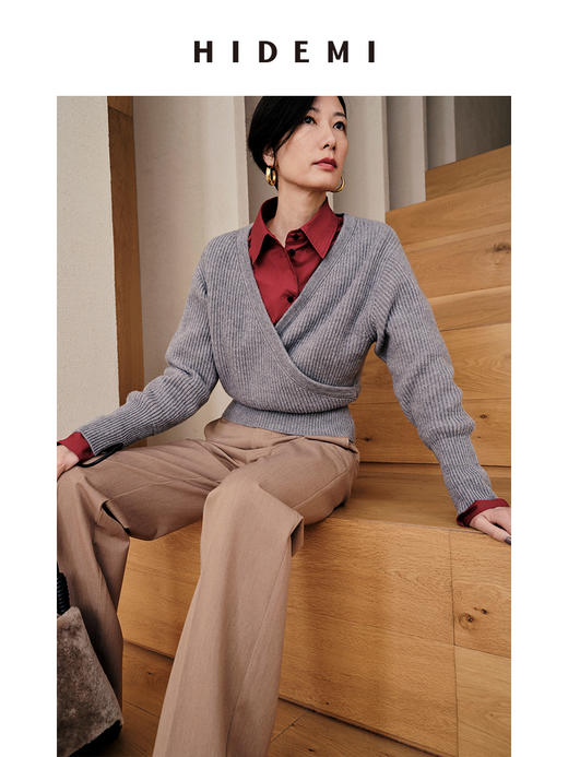 HIDEMI 美利奴羊毛V型叠领短款设计感毛衣 商品图7
