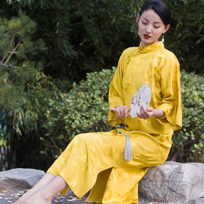 2022春夏新款天丝提花中式改良倒大袖旗袍连衣裙S250650嚭