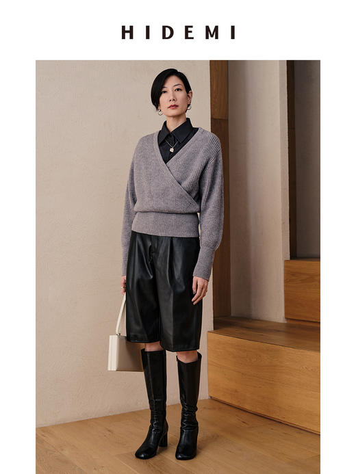 HIDEMI 美利奴羊毛V型叠领短款设计感毛衣 商品图13