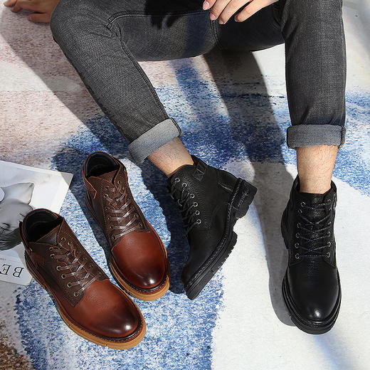 头层摔纹牛皮马丁靴男士秋冬新款复古风休闲男鞋系带高帮中筒男靴 商品图2