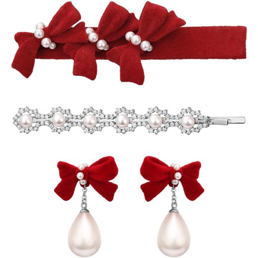 ZEGL设计师新年系列红色蝴蝶结发夹女发饰耳环925银针红丝绒耳饰 商品图6